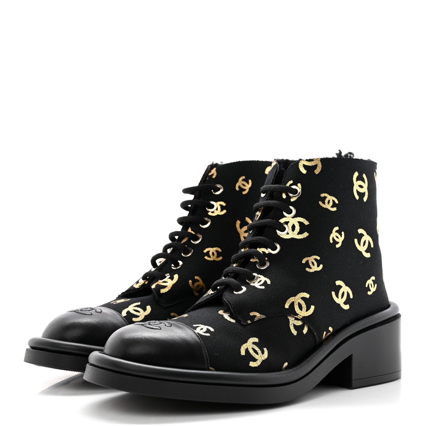 CHANEL LAMBSKIN CANVAS CC LACE-UP BOOTS