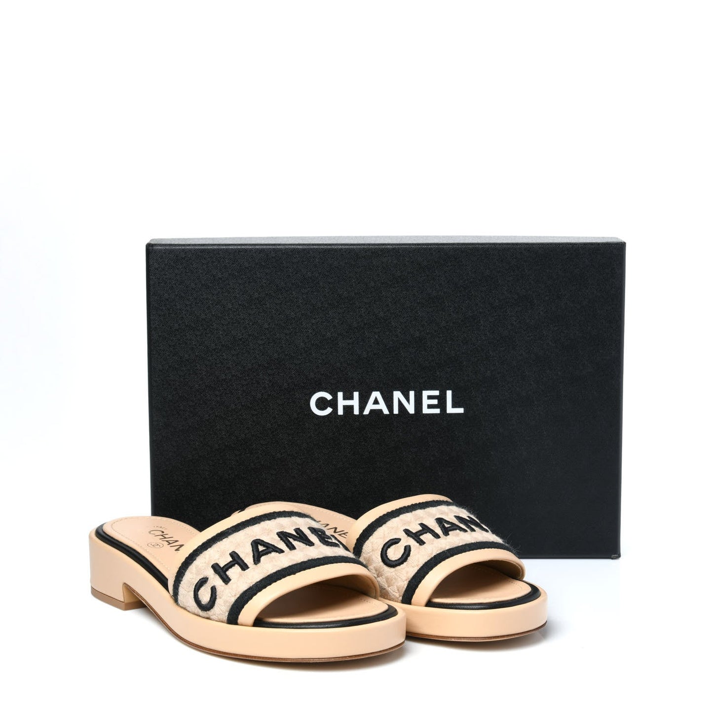 CHANEL LAMBSKIN EMBROIDERED LOGO MULES