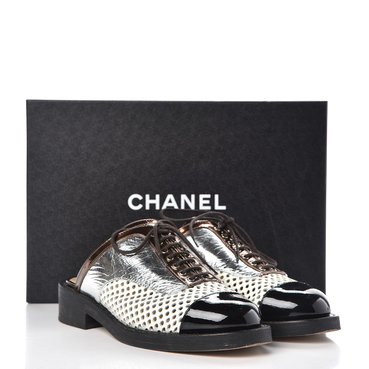 CHANEL PERFORATED LAMBSKIN LEATHER LACE-UP MULES