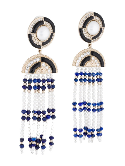 CHANEL LAPIS LAZULI FAUX PEARL & STRASS CC CHANDELIER EARRINGS