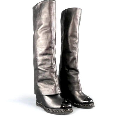 CHANEL LEATHER FOLD OVER KNEE HIGH CAP TOE CHAIN WEDGE HEEL BOOTS