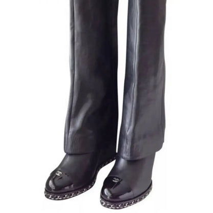 CHANEL LEATHER FOLD OVER KNEE HIGH CAP TOE CHAIN WEDGE HEEL BOOTS