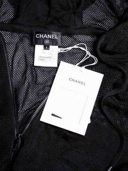Chanel Logo Mesh Knit Zip Up Hoodie Sweater Black