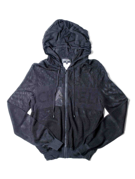 CHANEL Logo Mesh Knit Zip Up Hoodie Sweater Black-designer resale