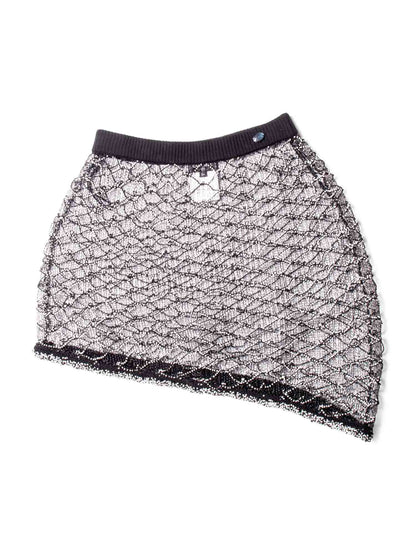 Chanel Logo Mini Asymmetric Mesh Beaded Skirt Black White