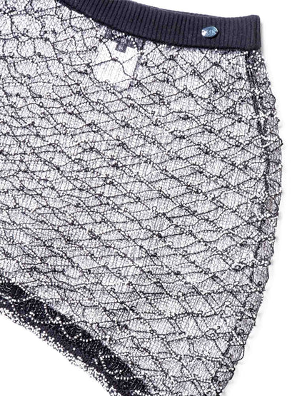Chanel Logo Mini Asymmetric Mesh Beaded Skirt Black White