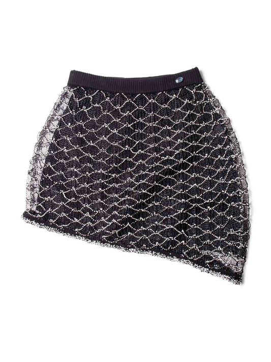 CHANEL Logo Mini Asymmetric Mesh Beaded Skirt Black White-designer resale