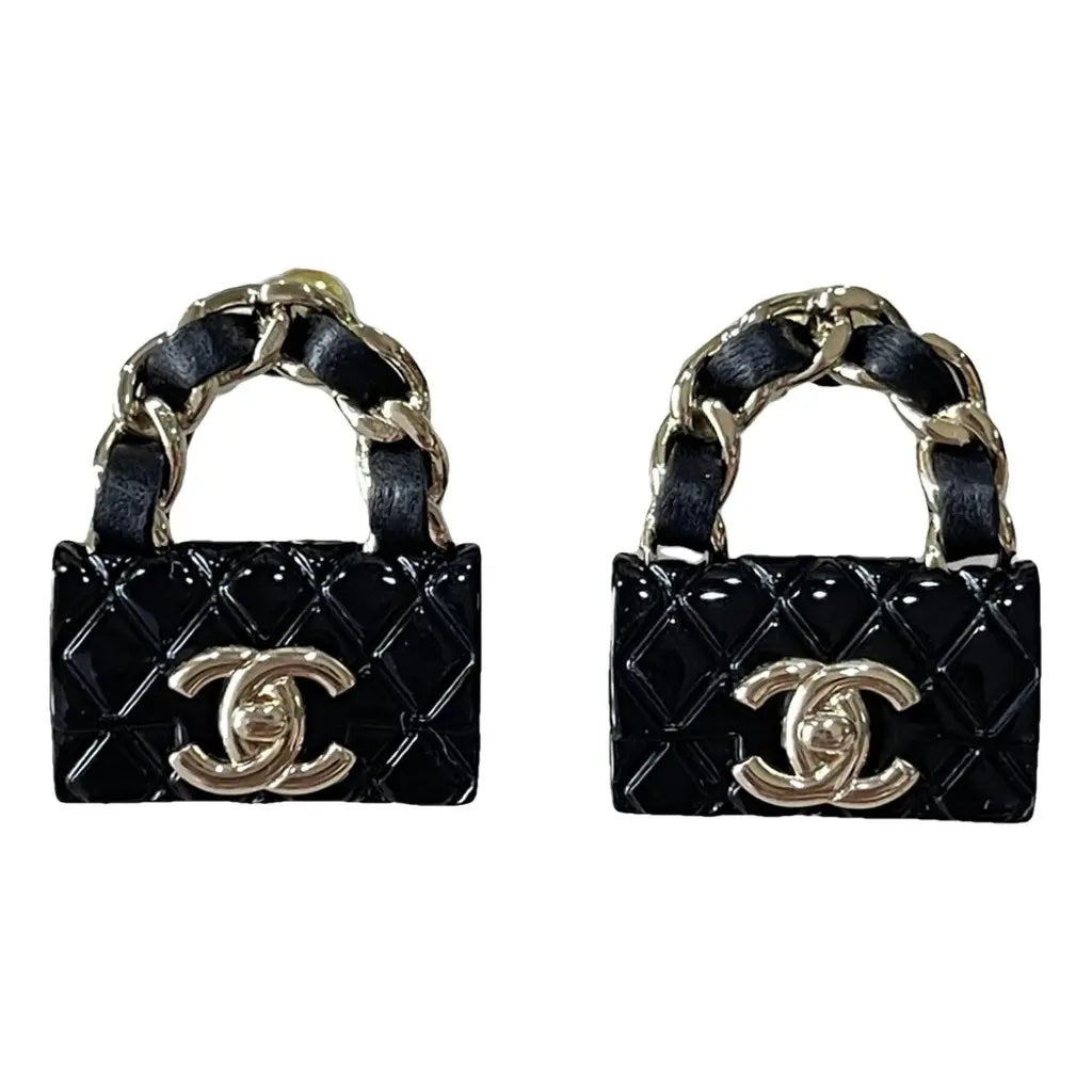 CHANEL METALLIC RESIN QUILTED CC TURNLOCK CHAIN FLAP EARRINGS