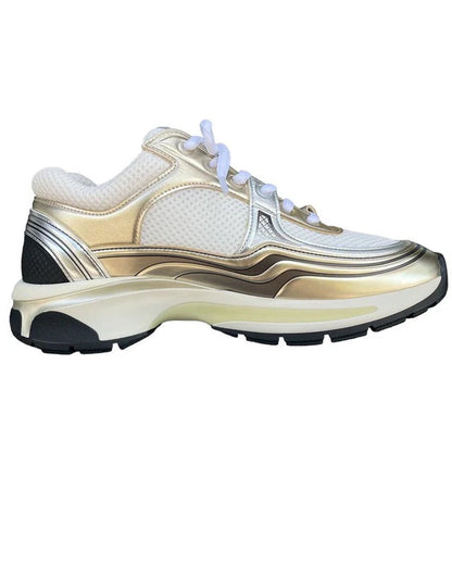 CHANEL MIXED FABRIC METALLIC LAMINATED CALFSKIN CC SNEAKERS