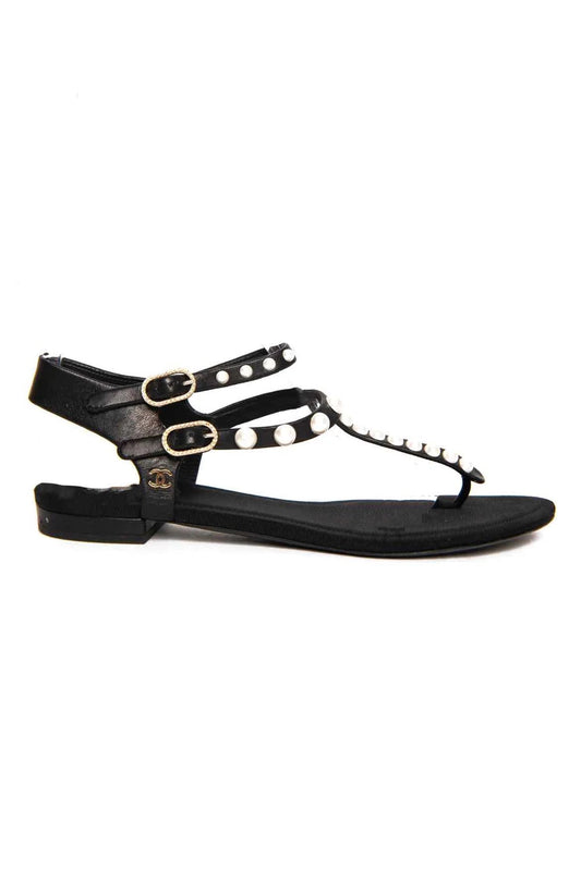 CHANEL PEARL EMBELLISHED THONG FLAT SANDALS