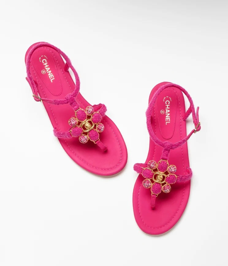 CHANEL TWEED & LAMBSKIN JEWELED SANDALS