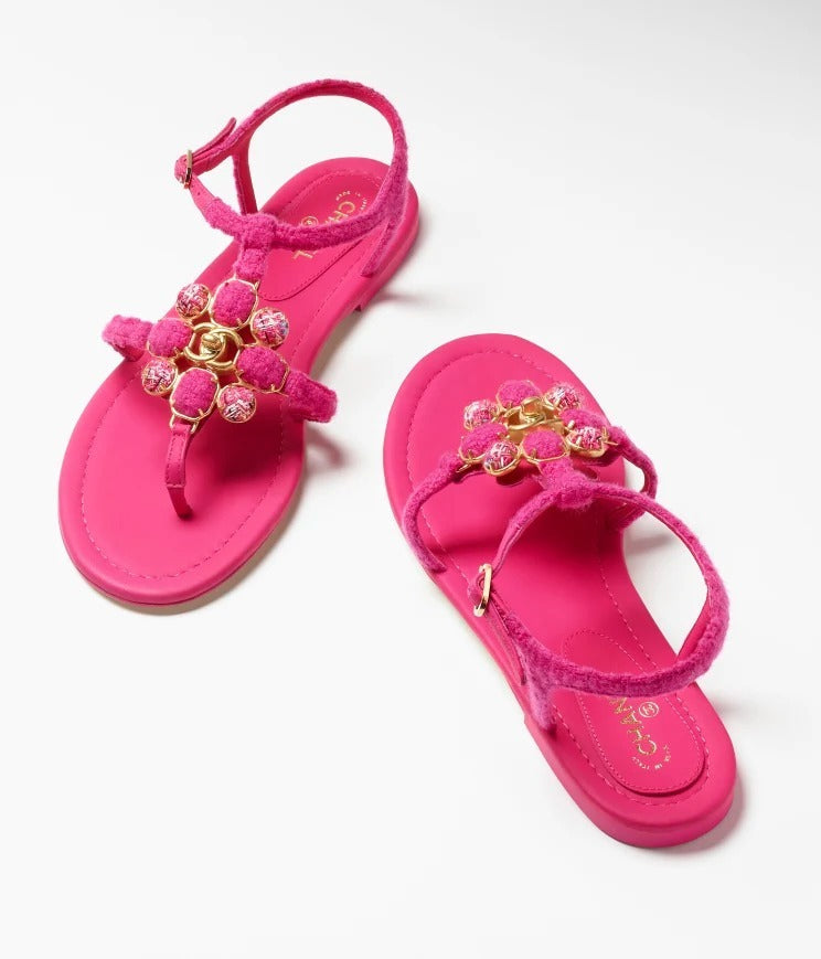 CHANEL TWEED & LAMBSKIN JEWELED SANDALS