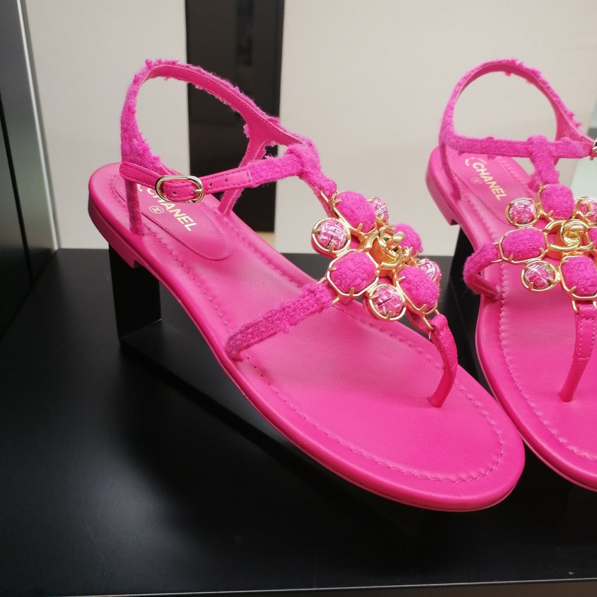 CHANEL TWEED & LAMBSKIN JEWELED SANDALS
