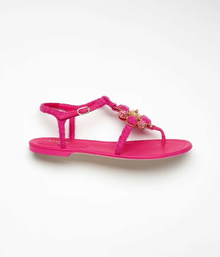 CHANEL TWEED & LAMBSKIN JEWELED SANDALS