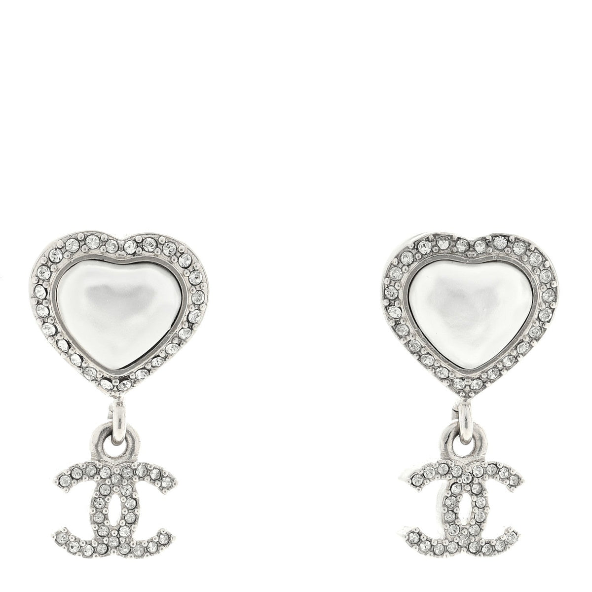 CHANEL PEARL CRYSTAL CC HEART DROP EARRINGS