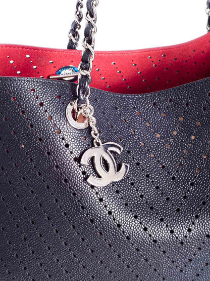 Chanel Perforated Caviar Leather CC Logo Shopper with Clutch Black Burgundy