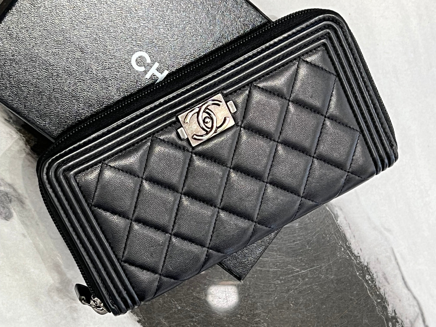 CHANEL QUILTED LAMBSKIN BOY ZIP AROUND WALLET