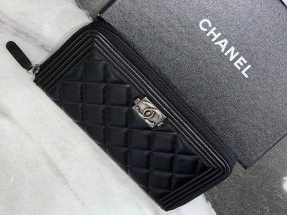 CHANEL QUILTED LAMBSKIN BOY ZIP AROUND WALLET