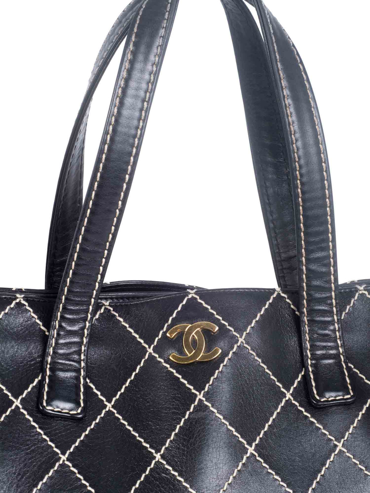Chanel Quilted Leather CC Logo Wild Stitch Shopper Bag Black
