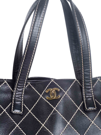 Chanel Quilted Leather CC Logo Wild Stitch Shopper Bag Black