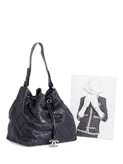 Chanel Quilted Leather Drawstring Large Bucket Bag Black