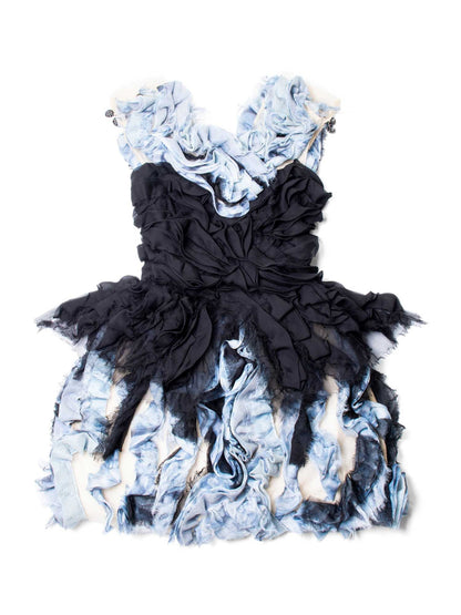 CHANEL Runway CC Logo Knit Ruffle Mini Dress Blue Black-designer resale