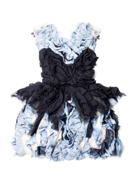 CHANEL Runway CC Logo Knit Ruffle Mini Dress Blue Black-designer resale