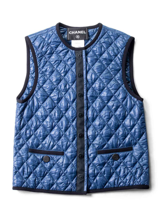 CHANEL Runway CC Logo Quilted Puffer Vest Blue Black-designer resale