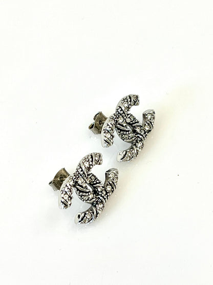 CHANEL CC SILVER TONE CRYSTAL EARRINGS