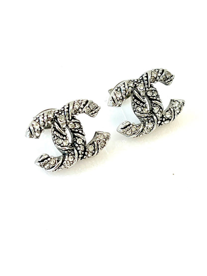 CHANEL CC SILVER TONE CRYSTAL EARRINGS
