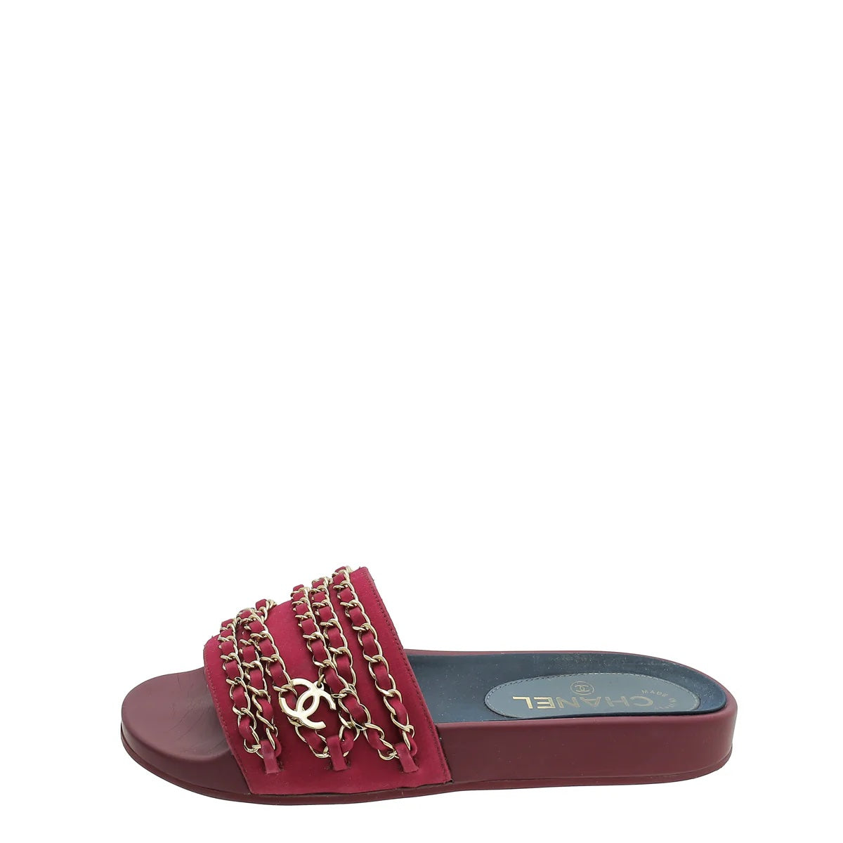 CHANEL SATIN CHAIN SLIDE MULES