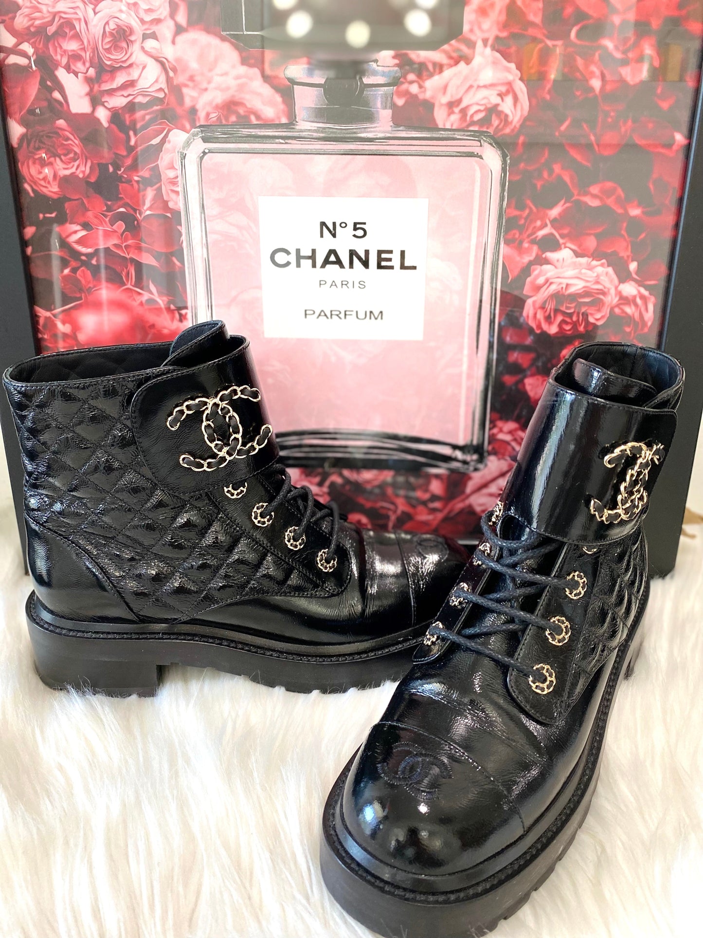CHANEL SHINY CALFSKIN QUILTED COMBAT CHAIN BOOTS