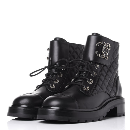 CHANEL SHINY QUILTED GOATSKIN CALFSKIN LACE-UP COMBAT BOOTS