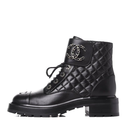CHANEL SHINY QUILTED GOATSKIN CALFSKIN LACE-UP COMBAT BOOTS