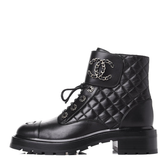 CHANEL SHINY QUILTED GOATSKIN CALFSKIN LACE-UP COMBAT BOOTS