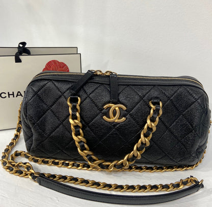 CHANEL CC SHINY QUILTED LAMBSKIN MINI BOWLING BAG