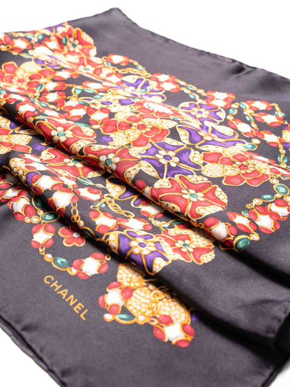 Chanel Silk CC Logo Gripoix Pearl Chain Scarf Multicolor