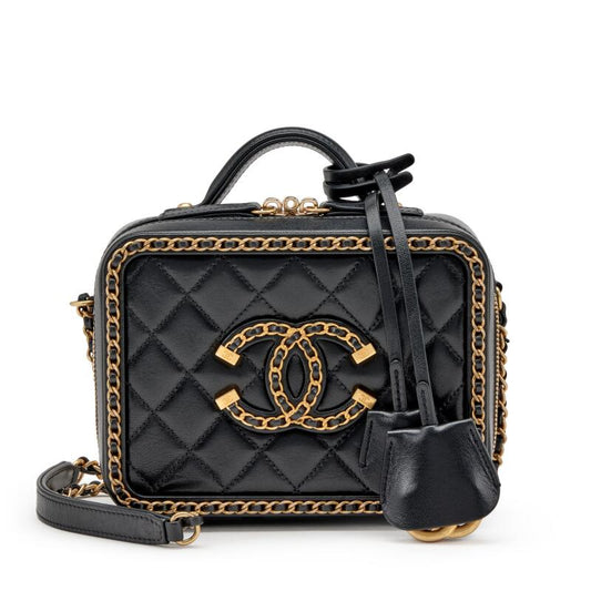 CHANEL SMALL CHAIN AROUND FILIGREE VANITY CASE W/ STRAP