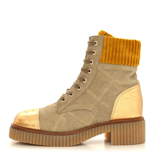 CHANEL QUILTED SUEDE CALFSKIN VELVET LAMINATED CC COMBAT BOOTS