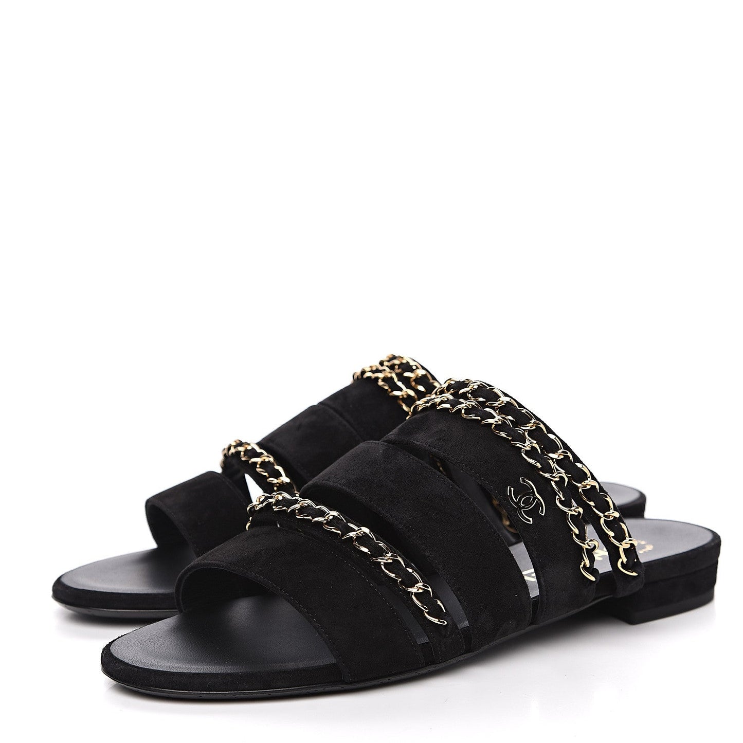 CHANEL SUEDE CALFSKIN CC CHAIN FLAT SLIDE SANDALS