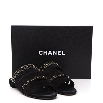 CHANEL SUEDE CALFSKIN CC CHAIN FLAT SLIDE SANDALS