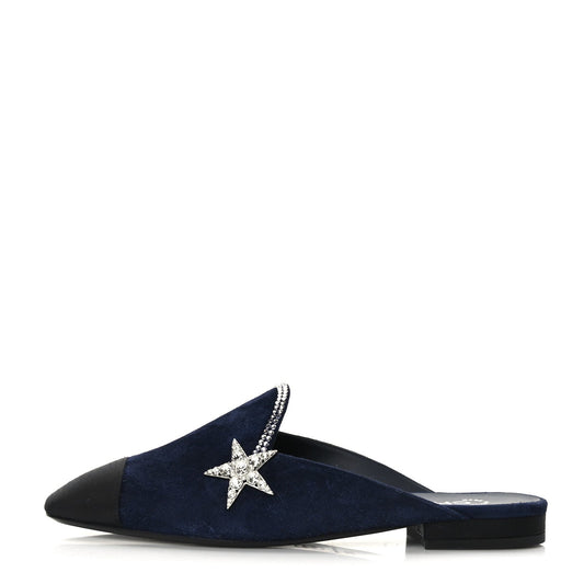 CHANEL SUEDE CALFSKIN GROSGRAIN CRYSTAL CC STAR MULES