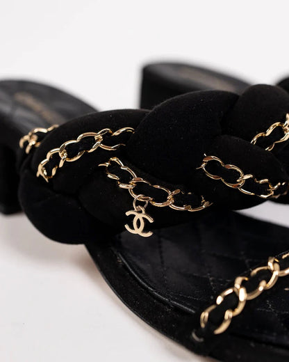 CHANEL SUEDE BRAIDED CHAIN CC CHARM MULES