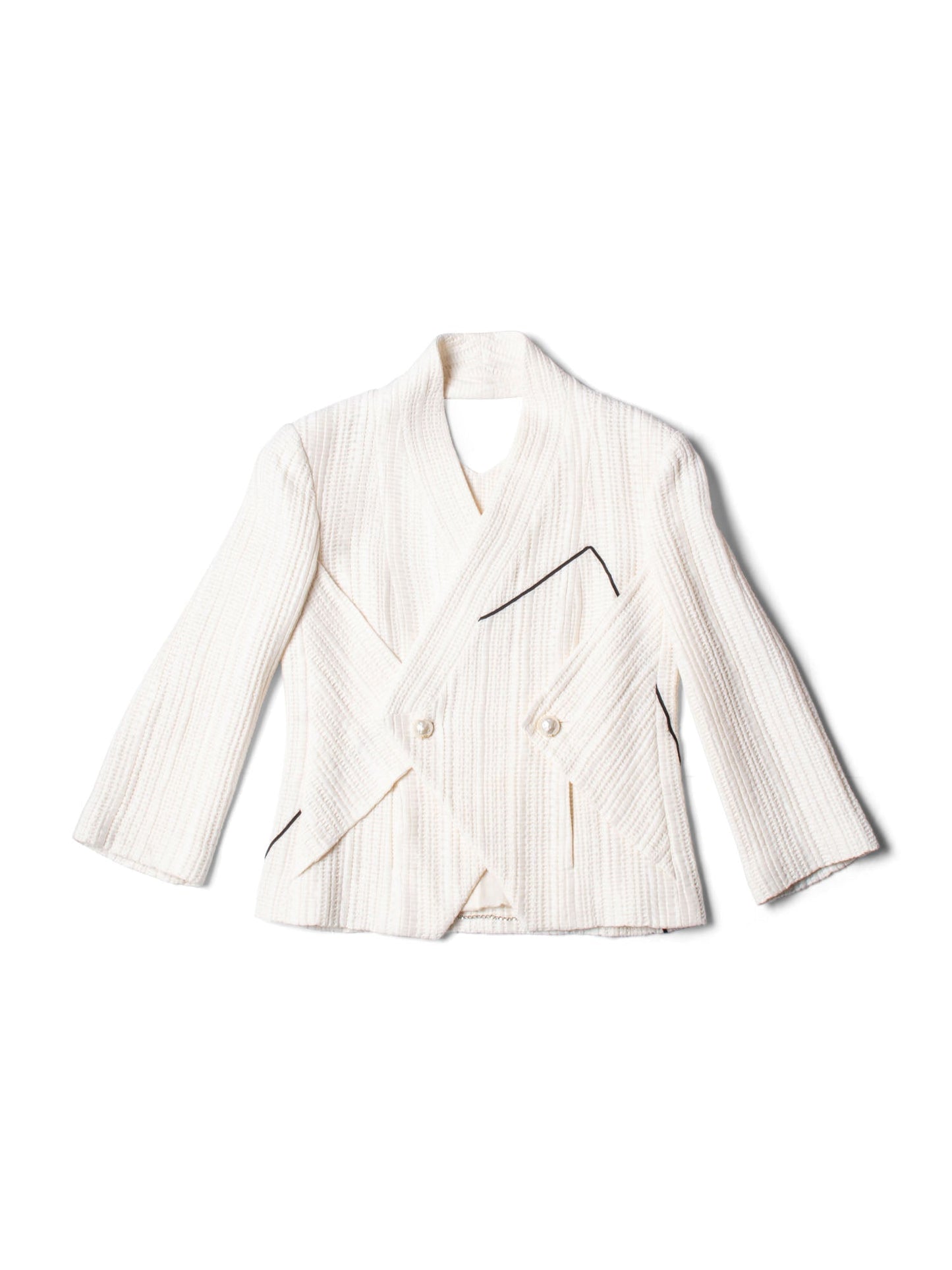CHANEL Tweed CC Logo Hammered Pearl Cut Out Jacket Ivory-designer resale