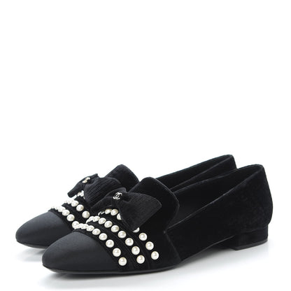 CHANEL VELVET GROSGRAIN PEARLS MOCCASIN LOAFERS