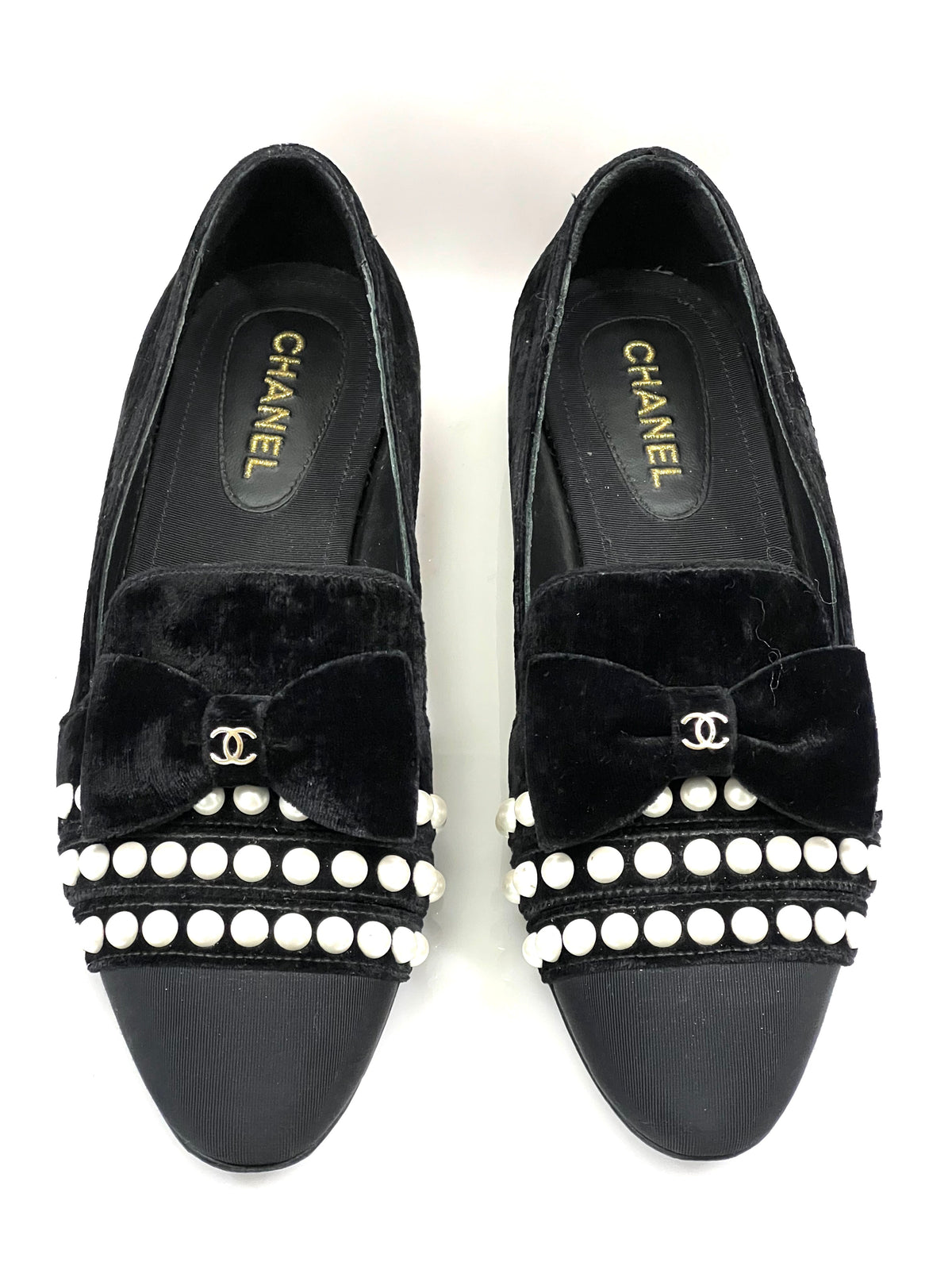 CHANEL VELVET GROSGRAIN PEARLS MOCCASIN LOAFERS