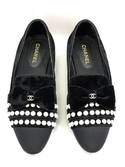 CHANEL VELVET GROSGRAIN PEARLS MOCCASIN LOAFERS