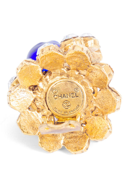 Chanel Vintage K Gemstone Flower Clip On Earrings Blue