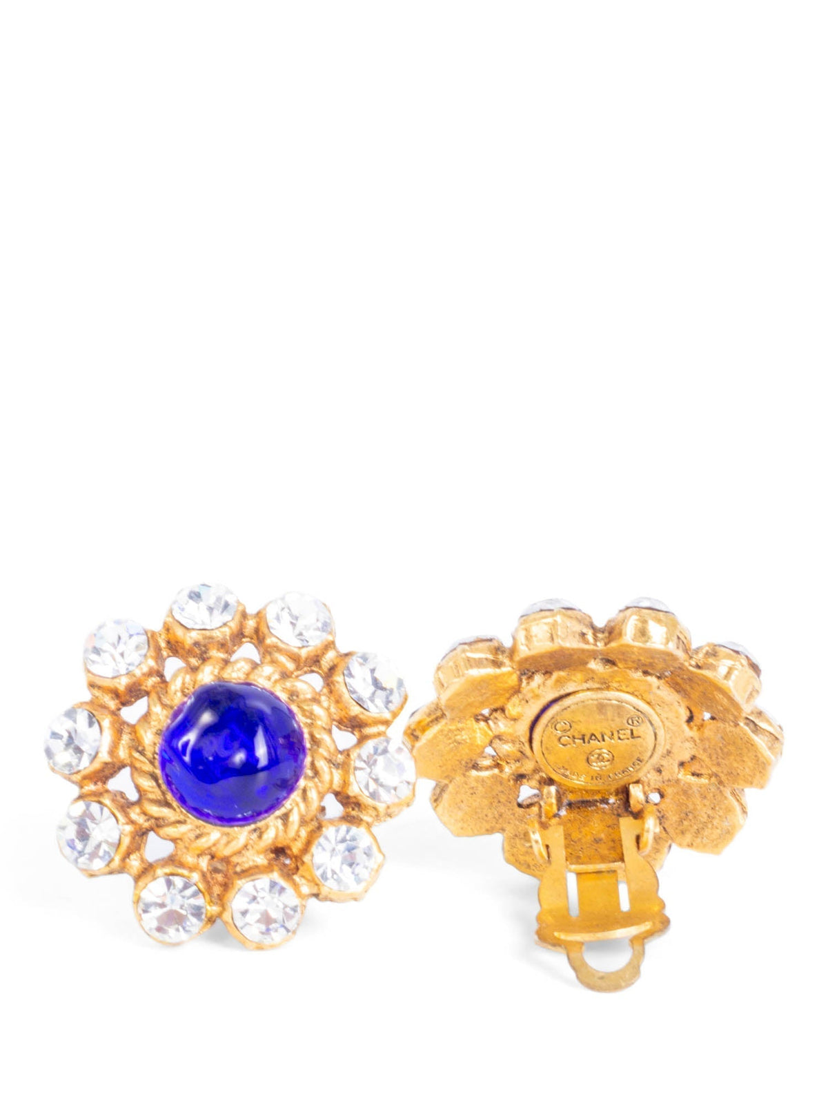 Chanel Vintage K Gemstone Flower Clip On Earrings Blue