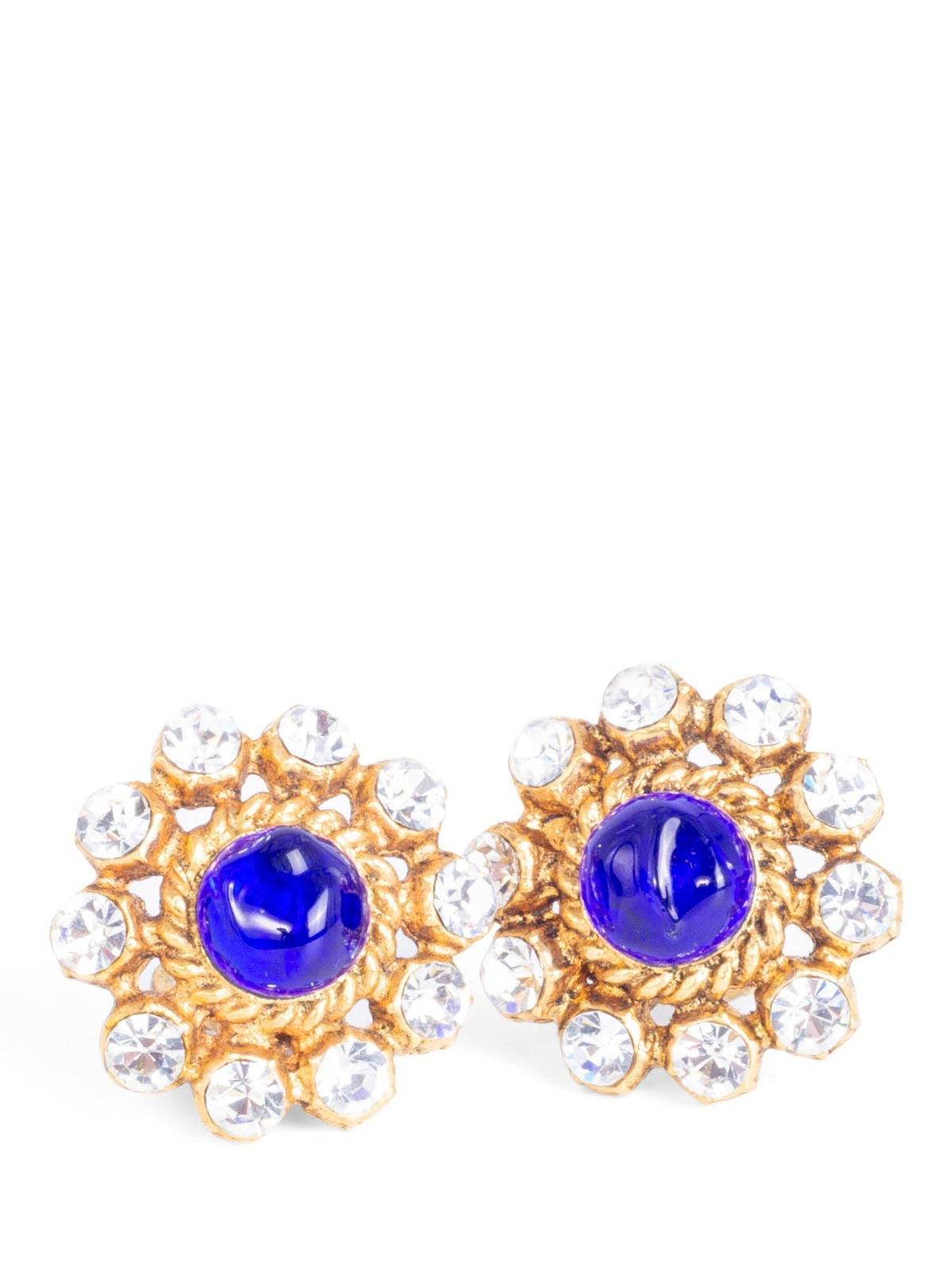 Chanel Vintage K Gemstone Flower Clip On Earrings Blue